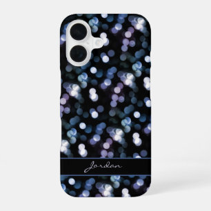 Funda Para iPhone 16 Luces Azules Grises y Lila Brillantes con Nombre