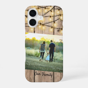 Funda Para iPhone 16 Luces de fotos familiares de moda de madera rústic