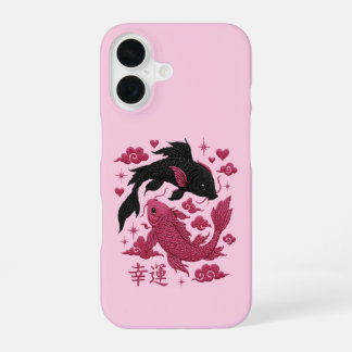 Funda Para iPhone 16 Lucky Koi Yin-Yang Bordado | Estética Negra y Rosa