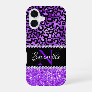 Funda Para iPhone 16 Lugares de leopardo negro y violeta glam monograma