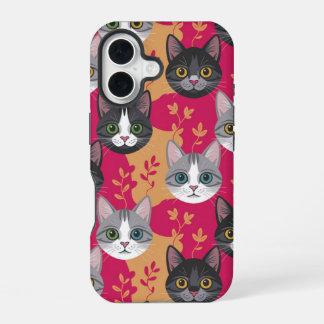 Funda Para iPhone 16 Magenta y gatito de hoja botánica