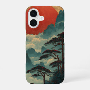 Funda Para iPhone 16 Majestuoso Sol Carmesí y Montañas Turquesas Brumos