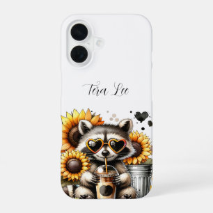 Funda Para iPhone 16 Mapache Lindo y Girasoles