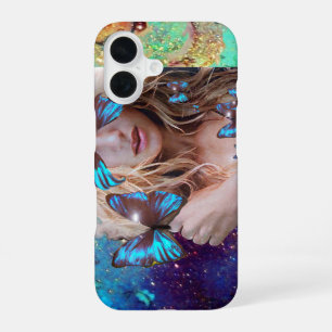 FUNDA PARA iPhone 16 MARIPOSA AZUL CON CHISPAS VERDES DE ORO