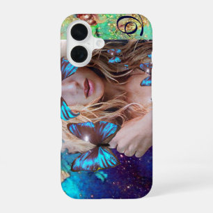 FUNDA PARA iPhone 16 MARIPOSA AZUL CON ORO VERDE DERRAME MONOGRAMA