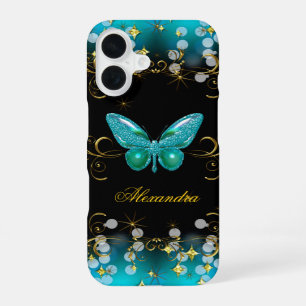Funda Para iPhone 16 Mariposa Exótica Azul Turquesa Oro Negro Brillante
