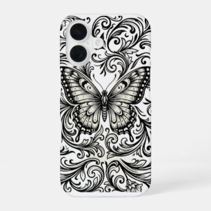 Funda Para iPhone 16 Mariposa Monarca Victoriana - Blanco y Negro