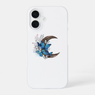Funda Para iPhone 16 Mariposas azules en creciente de madera