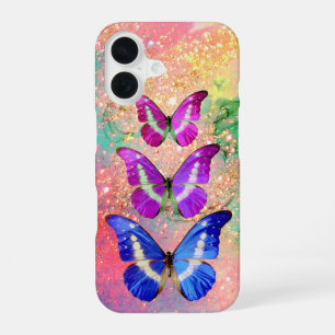 FUNDA PARA iPhone 16 MARIPOSAS AZULES PURPURA ROSADAS EN CHISPAS DE ORO