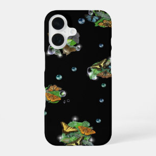 Funda Para iPhone 16 Mariposas con Hojas Gotitas de Lluvia Estrellas y 