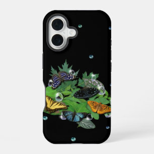 Funda Para iPhone 16 Mariposas con Hojas Gotitas de Lluvia Estrellas y 