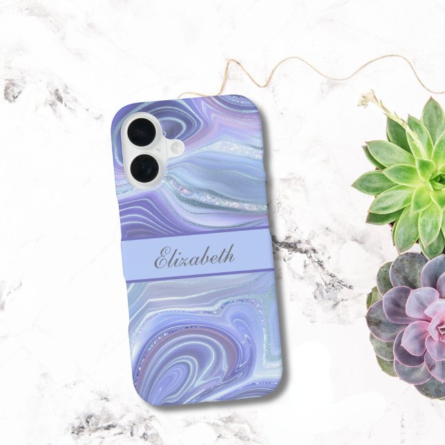 Funda Para iPhone 16 Mármol de Agata Brillante Azul Púrpura Plateado Mo (Blue Purple Silver Marble Swirl Pattern Monogrammed iPhone 16 15 14 13 12 11 case Gift for her)