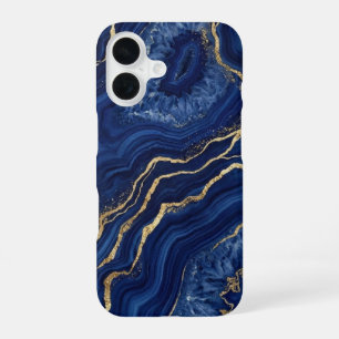 Funda Para iPhone 16 Mármol de ágata geoda azul marino y oro de lujo