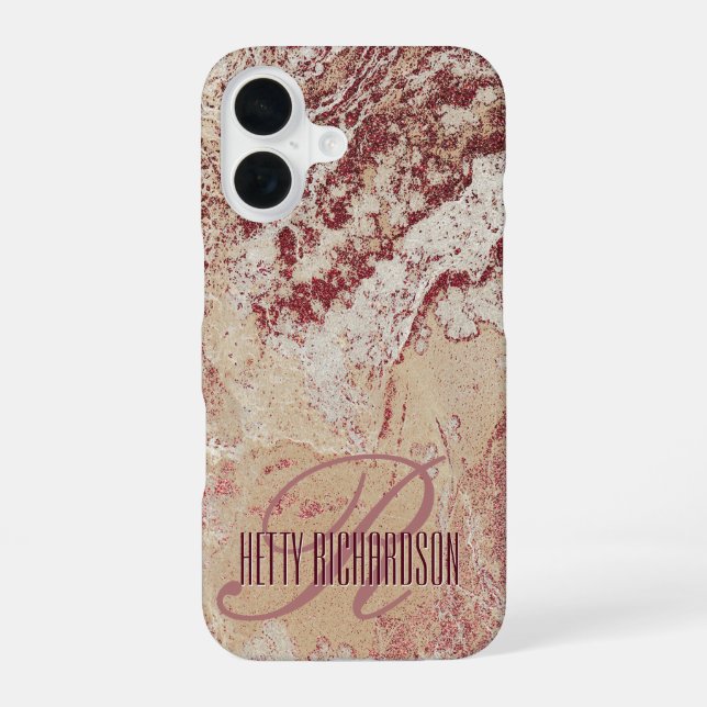 Funda Para iPhone 16 Mármol de brillo rosa oro con monograma (Reverso )