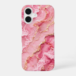 Funda Para iPhone 16 Mármol de Océano Rosa de Lujo con Venas Doradas
