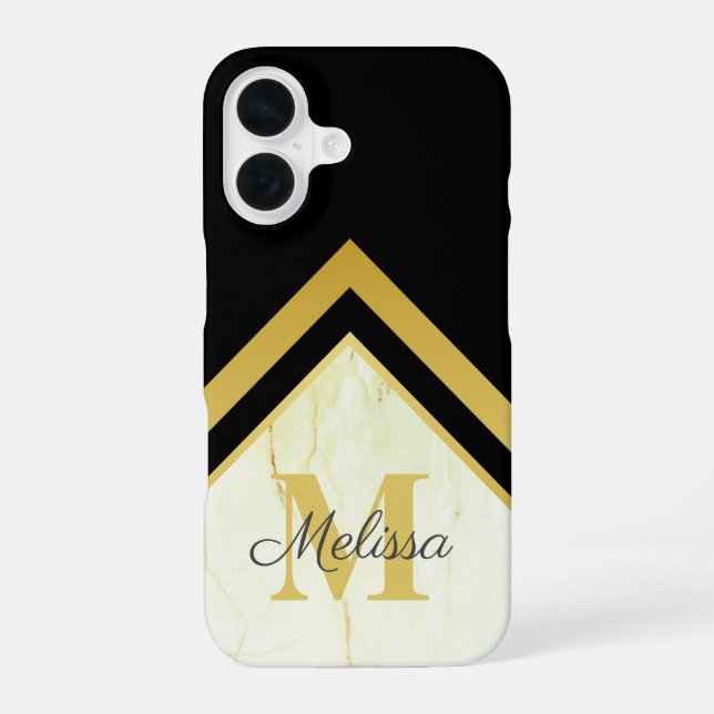 Funda Para iPhone 16 Mármol geométrico monograma de oro negro (Reverso )