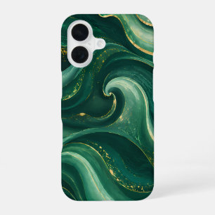 Funda Para iPhone 16 Mármol Líquido Esmeralda Verde y Dorado de Lujo
