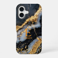 Mármol negro chic monograma con brillo dorado