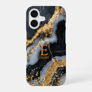 Funda Para iPhone 16 Mármol negro chic monograma de brillo dorado
