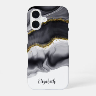 Funda Para iPhone 16 Mármol negro personalizable con dorado