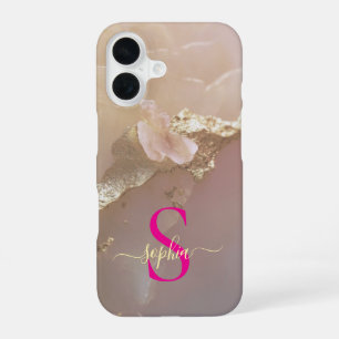 Funda Para iPhone 16 Mármol oro rosa oro brillo monograma