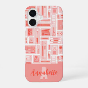 Funda Para iPhone 16 Material de arte curado Monograma de patrón rojo c