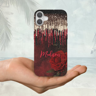 Funda Para iPhone 16 Moda flor roja goteo de oro purpurina monograma Fu