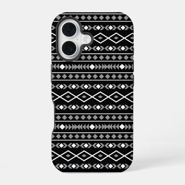 Funda Para iPhone 16 Modalidades aztecas Patrón negro gris blanco (Reverso )