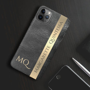 Funda Para iPhone 16 Moderno Estilo Negro Cuero Hoja de Oro Monogramado