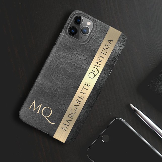 Funda Para iPhone 16 Moderno Estilo Negro Cuero Hoja de Oro Monogramado (Subido por el creador)