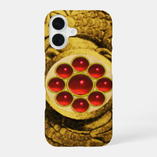 Funda Para iPhone 16 MON CON GEMAS DE RUBÍ ROJO Grifos de Oro