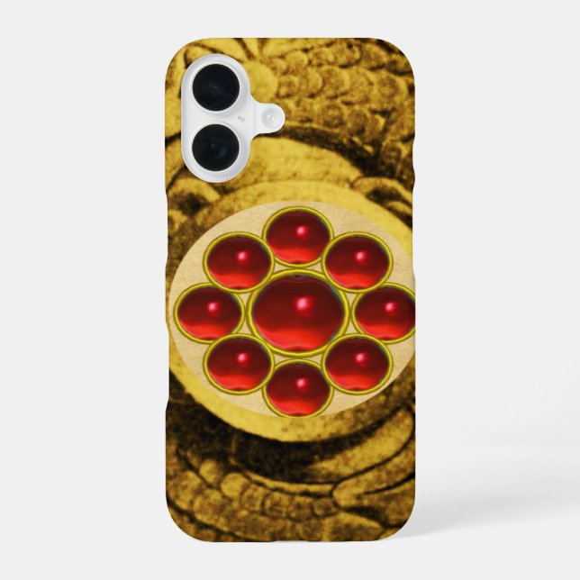 Funda Para iPhone 16 MON CON GEMAS DE RUBÍ ROJO Grifos de Oro (Reverso )
