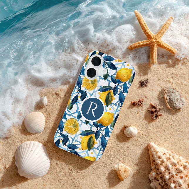 Funda Para iPhone 16 Monogram Blue Mediterranean Style Lemon Pattern  (Subido por el creador)