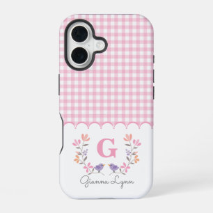 Funda Para iPhone 16 Monograma a cuadros florales rosados