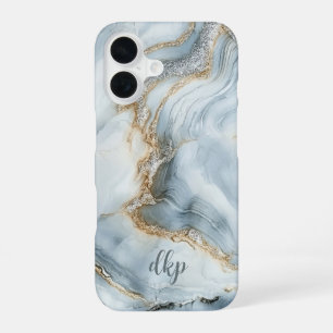 Funda Para iPhone 16 Monograma Azul Blanco Plata Dorado Remolino de Már