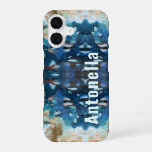 Funda Para iPhone 16 Monograma azul marino teal crema abstracto acuarel