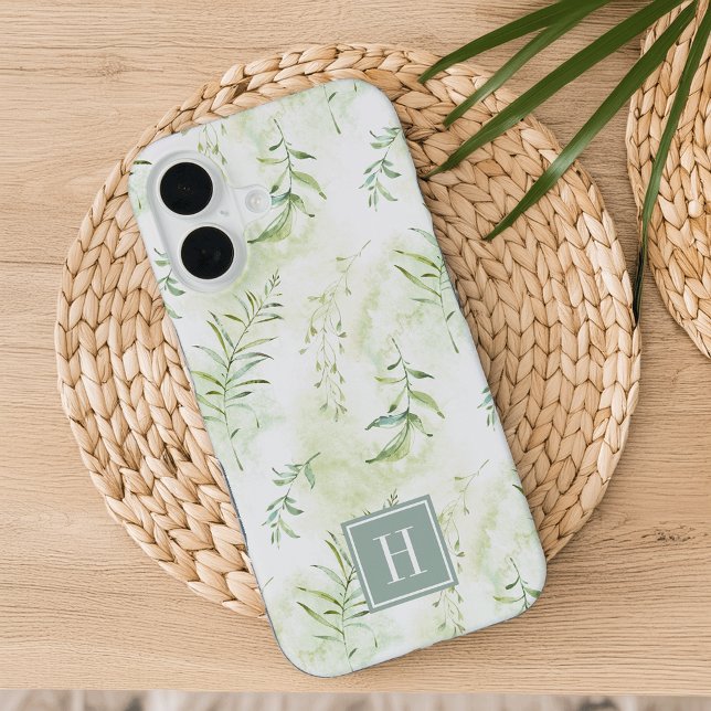 Funda Para iPhone 16 Monograma Botánico Verde Delicado Ethereal Pastel (Subido por el creador)