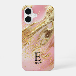 Funda Para iPhone 16 Monograma chic de mármol rosa con brillo dorado