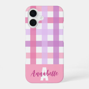 Funda Para iPhone 16 Monograma con Patrón de Cuadros Pastel Rosa y Púrp