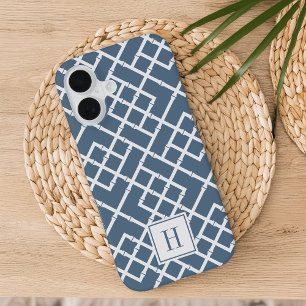 Funda Para iPhone 16 Monograma con patrón de enrejado de bambú azul pol