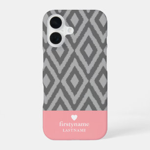 Funda Para iPhone 16 Monograma Corazón de Ikat Rústico Moderno Gris Cor