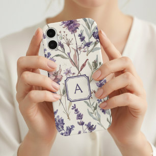 Funda Para iPhone 16 Monograma de Acuarela de Lavanda de Flor Silvestre