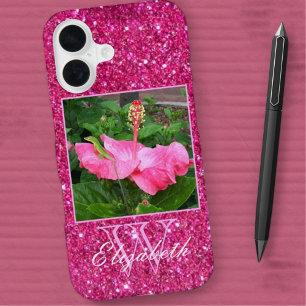 Funda Para iPhone 16 Monograma de brillo rosa femenino con foto y nombr