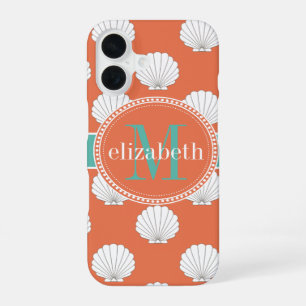 Funda Para iPhone 16 Monograma de casquillos blancos corales Verde azul