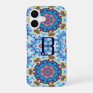 FUNDA PARA iPhone 16 MONOGRAMA DE CÍRCULOS FRACTALES AZUL ROSA