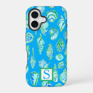 Funda Para iPhone 16 Monograma de conchas marinas sobre fondo azul eleg