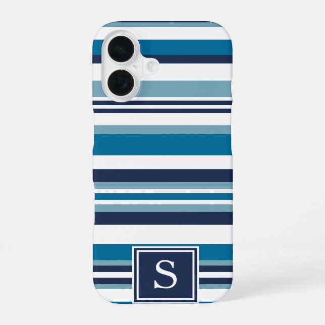 Funda Para iPhone 16 Monograma de franja múltiple azul y blanco (Reverso )