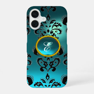 Funda Para iPhone 16 MONOGRAMA DE GEMAS DAMASK azul aguamarina