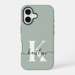 Funda Para iPhone 16 Monograma de guión de color verde sabio moderno