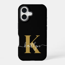 Funda Para iPhone 16 Monograma de guión de oro negro elegante